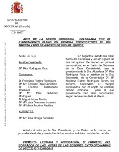 Lee más sobre el artículo Acta de la Sesión Ordinaria de día 31 de Agosto de 2015 del Ayuntamiento de Nigüelas