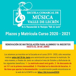 Lee más sobre el artículo Curso 2020 – 2021 de la Escuela Comarcal de Música y Danza Valle de Lecrín
