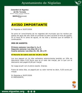 Lee más sobre el artículo Aviso de los cobros de los recibos del agua de riego 2026